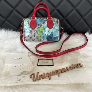 Gucci GG Supreme Monogram Blooms Blue Hibiscus Blooms Mini Boston Bag